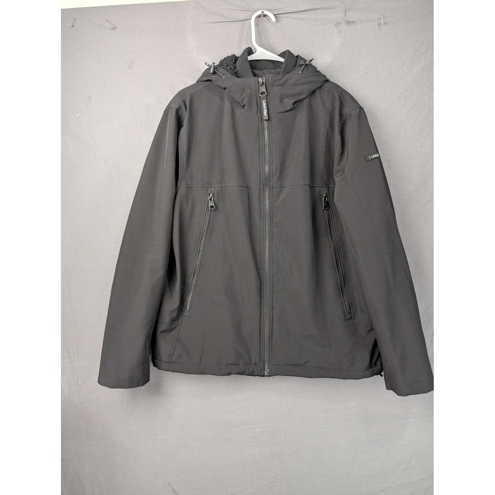 Calvin Klein Mens Softshell Jacket Black Fleece Lined Full Zip Hooded Coat L
